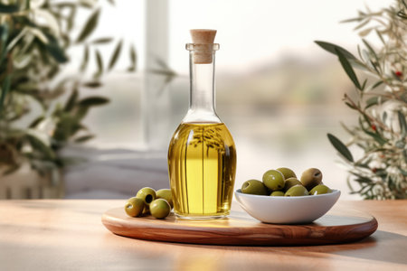 Olive oil and olives berries are on the wooden table under the olive tree.の素材