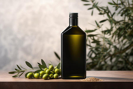 Olive oil and olives berries are on the wooden table under the olive tree.の素材