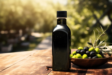 Olive oil and olives berries are on the wooden table under the olive tree.の素材