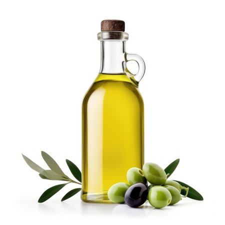 Olive oil and olives berries are on the wooden table under the olive tree.の素材