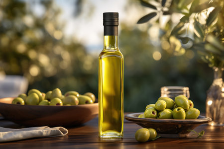 Olive oil and olives berries are on the wooden table under the olive tree.の素材