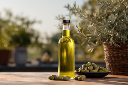 Olive oil and olives berries are on the wooden table under the olive tree.の素材