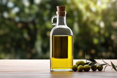 Olive oil and olives berries are on the wooden table under the olive tree.の素材