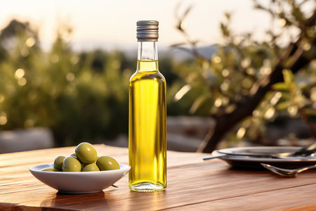 Olive oil and olives berries are on the wooden table under the olive tree.の素材