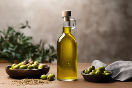 Olive oil and olives berries are on the wooden table under the olive tree.の素材