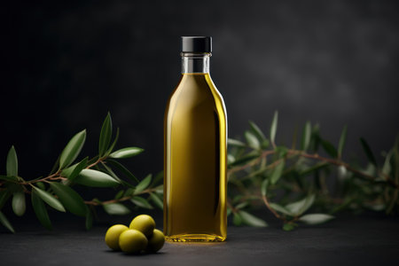 Olive oil and olives berries are on the wooden table under the olive tree.の素材