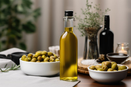 Olive oil and olives berries are on the wooden table under the olive tree.の素材