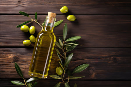 Olive oil and olives berries are on the wooden table under the olive tree.の素材