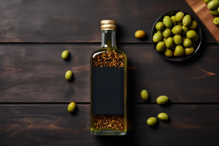 Olive oil and olives berries are on the wooden table under the olive tree.の素材
