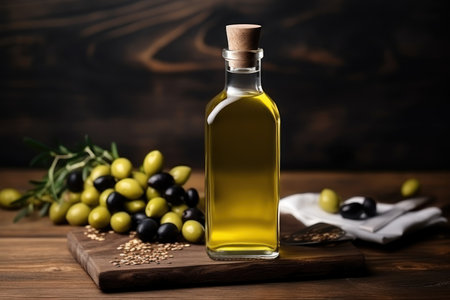 Olive oil and olives berries are on the wooden table under the olive tree.の素材