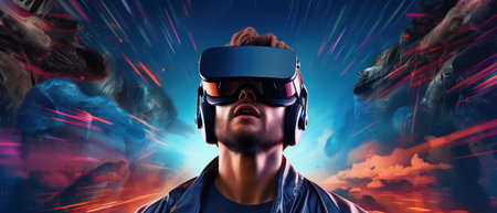 Visual reality concept. Young man using Visual reality or VR headset and interacting with object. Man getting experience using VR headset glasses.の素材