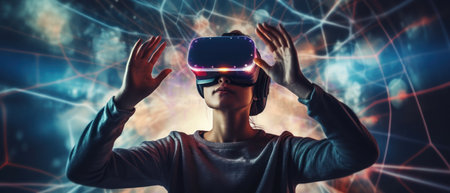 Visual reality concept. Young man using Visual reality or VR headset and interacting with object. Man getting experience using VR headset glasses.の素材