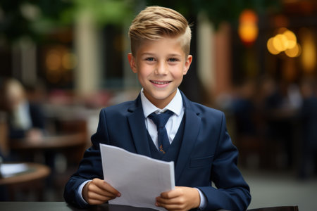 Happy cute clever schoolboy portrait. First time to school. Back to school.の素材