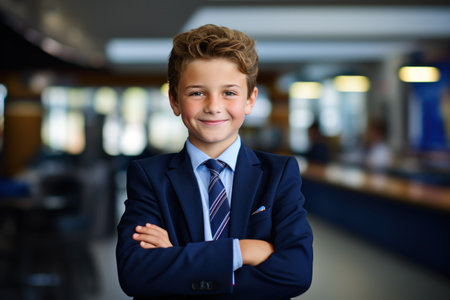 Happy cute clever schoolboy portrait. First time to school. Back to school.の素材