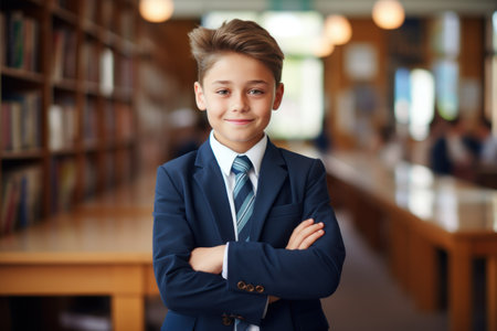 Happy cute clever schoolboy portrait. First time to school. Back to school.の素材