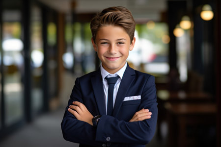 Happy cute clever schoolboy portrait. First time to school. Back to school.の素材