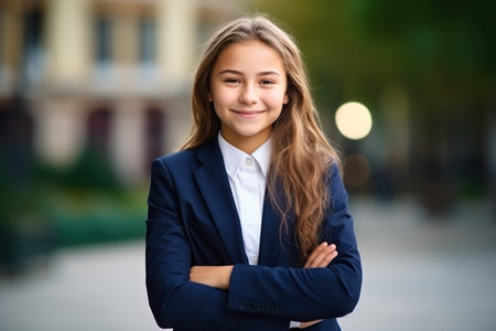 Happy cute clever schoolgirl portrait. First time to school. Back to school.の素材