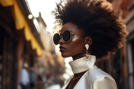 Stylish Afro woman in sunglasses on city street. Urban fashion portrait, summer lifestyle.の素材
