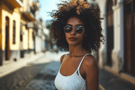 Stylish Afro woman in sunglasses on city street. Urban fashion portrait, summer lifestyle.の素材