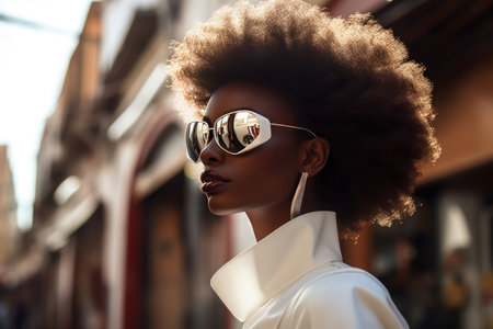 Stylish Afro woman in sunglasses on city street. Urban fashion portrait, summer lifestyle.の素材