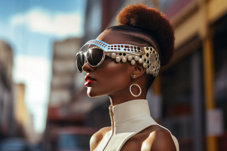 Stylish Afro woman in sunglasses on city street. Urban fashion portrait, summer lifestyle.の素材