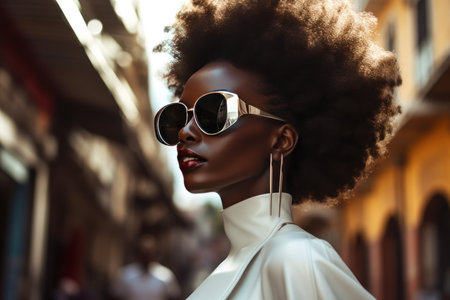 Stylish Afro woman in sunglasses on city street. Urban fashion portrait, summer lifestyle.の素材