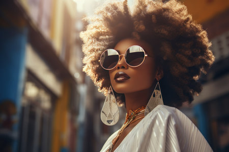 Stylish Afro woman in sunglasses on city street. Urban fashion portrait, summer lifestyle.の素材
