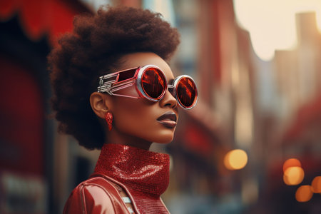 Stylish Afro woman in sunglasses on city street. Urban fashion portrait, summer lifestyle.の素材