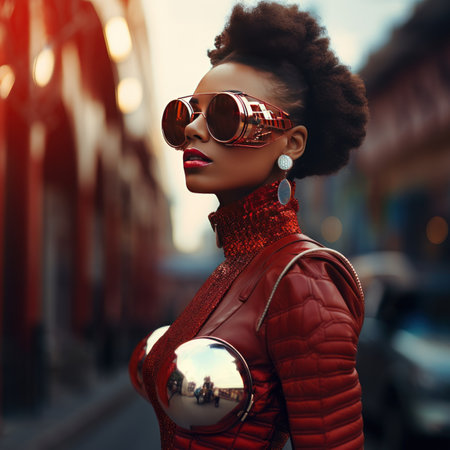 Stylish Afro woman in sunglasses on city street. Urban fashion portrait, summer lifestyle.の素材