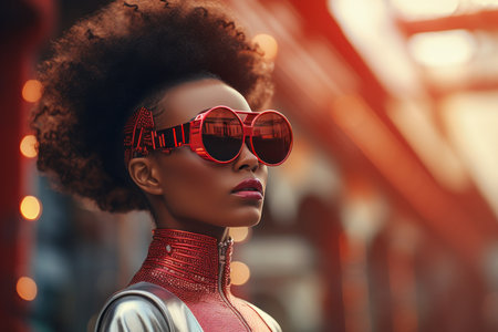 Stylish Afro woman in sunglasses on city street. Urban fashion portrait, summer lifestyle.の素材
