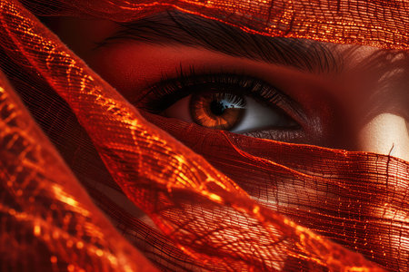 Enigmatic Woman with Mesmerizing Gaze, Orange Veil Portraiture, Perfect for Beauty and Fashion Themes. Hypnotic Eyes Peeking Through Orange Fabricの素材