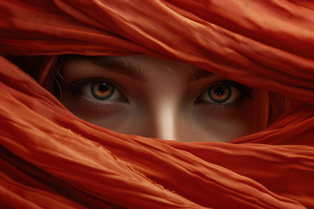 Enigmatic Woman with Mesmerizing Gaze, Orange Veil Portraiture, Perfect for Beauty and Fashion Themes. Hypnotic Eyes Peeking Through Orange Fabricの素材