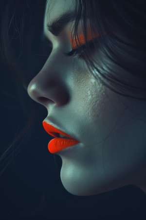 Mystic Beauty Portrait with Bold Orange Lips, Artistic Makeup in Moody Lightingの素材