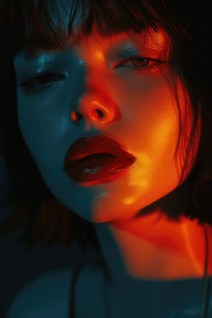 Mystic Beauty Portrait with Bold Lips, Artistic Makeup in Moody Lightingの素材