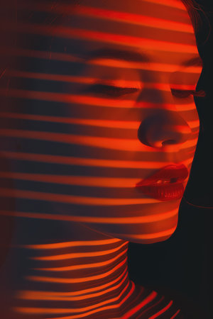 Mysterious Woman with Red Lips Veiled in Sheer Orange Fabric, Elegance and Secrecyの素材