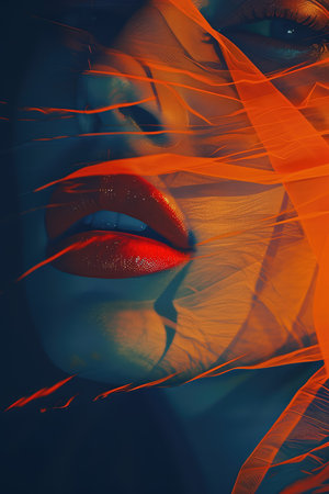 Mysterious Woman with Red Lips Veiled in Sheer Orange Fabric, Elegance and Secrecyの素材