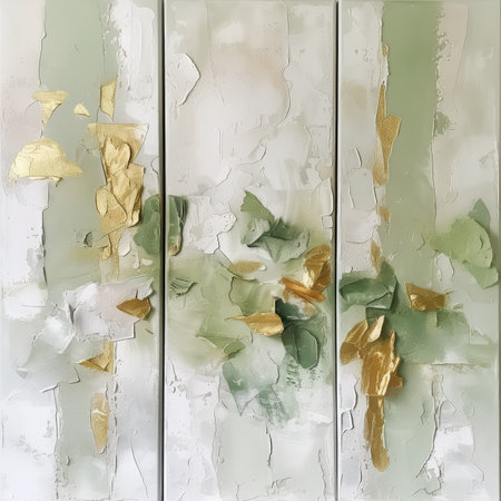 Abstract Triptych Canvas in Pale Green and Gold, Ideal for Modern Home Decorの素材