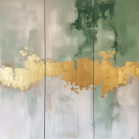 Abstract Triptych Canvas in Pale Green and Gold, Ideal for Modern Home Decorの素材