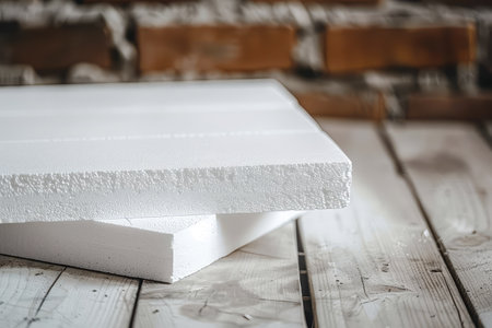 Styrofoam Board Detail: Versatile Material for Packing and Insulation Projects. Expanded polystyrene plates. A stack of building materials for house insulation.の素材