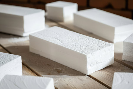 Styrofoam Board Detail: Versatile Material for Packing and Insulation Projects. Expanded polystyrene plates. A stack of building materials for house insulation.の素材