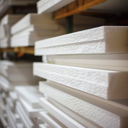 Styrofoam Board Detail: Versatile Material for Packing and Insulation Projects. Expanded polystyrene plates. A stack of building materials for house insulation.の素材