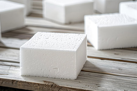 Styrofoam Board Detail: Versatile Material for Packing and Insulation Projects. Expanded polystyrene plates. A stack of building materials for house insulation.の素材