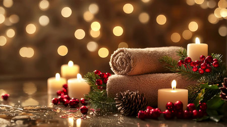 Rolled spa towels, candles, and holiday ornaments creating cozy ambiance, spa background.の素材