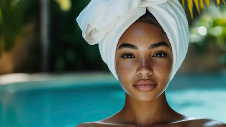 Beautiful female with towel turban enjoying a serene poolside moment.の素材