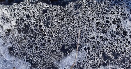 White bubbles of water in the Park's ditch, frozen in ice.の写真素材
