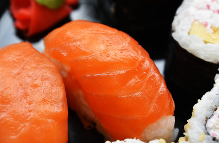 Japanese cuisine, nigiri sushi with salmon close-upの写真素材