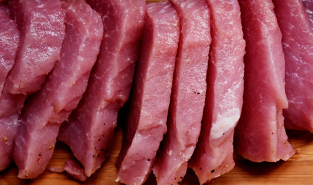 Group of fresh raw pork steaks on a wooden cutting boardの写真素材