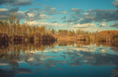 Clouds reflection in lake at fall woods