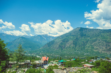 Blue sky with clouds on background Himalayan mountansの写真素材