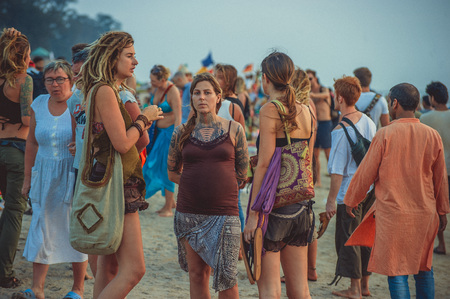 India, Goa - December 4, 2016: Girls hippies in tattoos on the beach of arambol.のeditorial素材